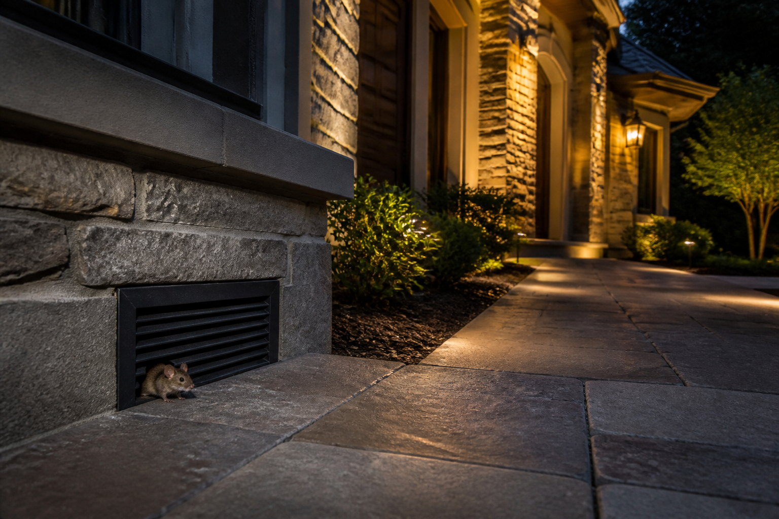 Rodent near a residential exterior vent at dusk