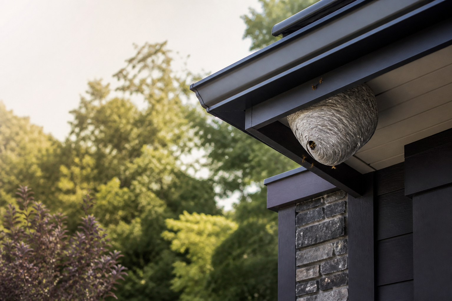 Stinging insect nest beneath a residential roofline