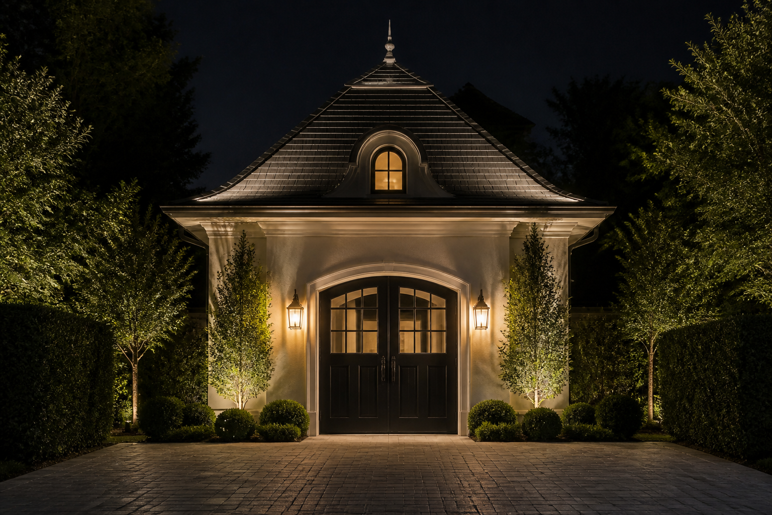 Elegant detached residential structure at night